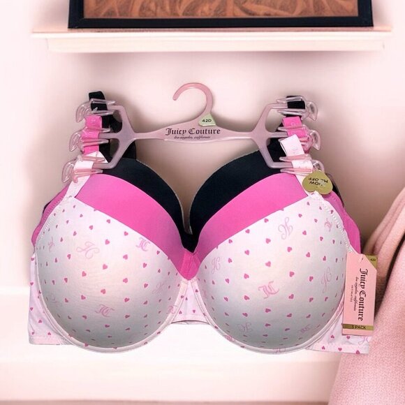Juicy Couture Light Pink Heart Print, Solid Pink & Black 3 Pc Bra Set Size 42D - Picture 2 of 6